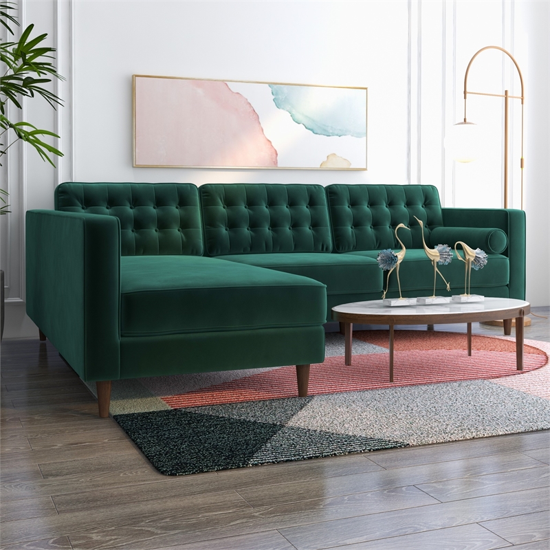 Pemberly Row L-Shaped Pillow Back Velvet Left-Facing Sectional - Green