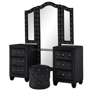 Pemberly Row Crystal Tufted Vanity Set finished with Wood in Black