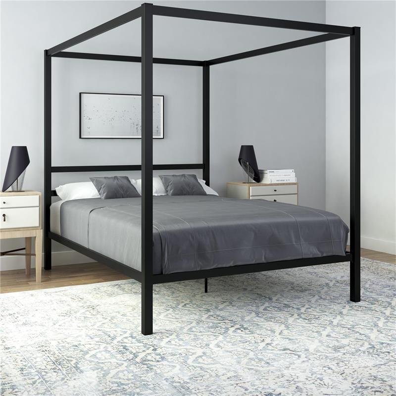 Pemberly Row Modern Metal Canopy Poster Bed in Queen in Black
