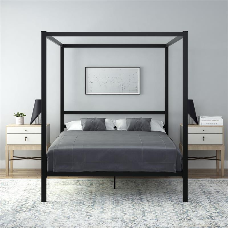 Pemberly Row Modern Metal Canopy Poster Bed in Queen in Black