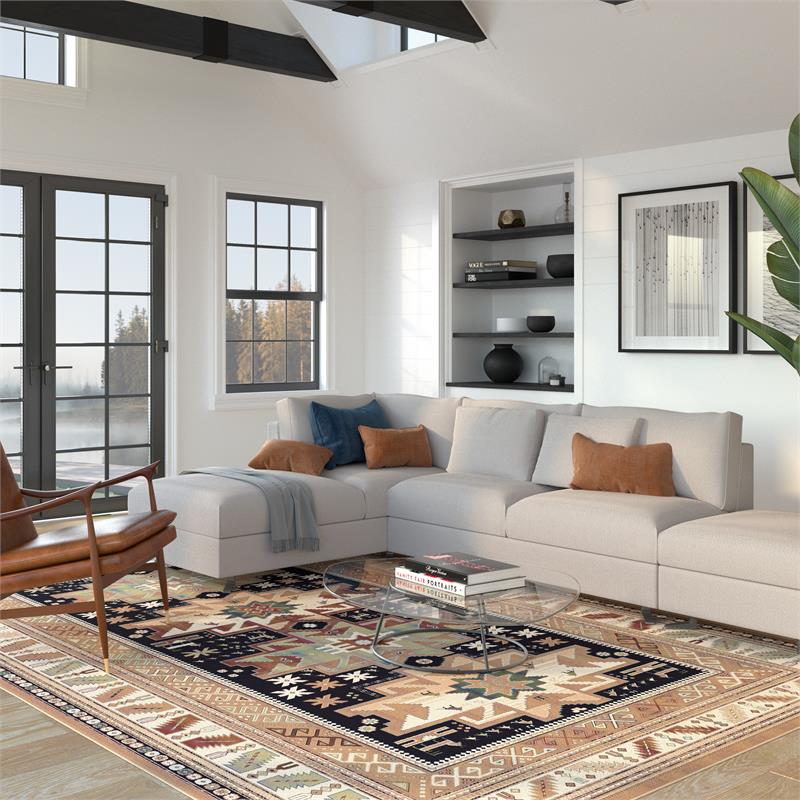 Pemberly Row Contemporary Rust Black Ivory Aqua Viscose Area Rug