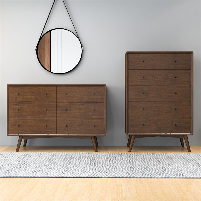 Pemberly Row Mid-Century Modern 6-Drawer Double-Dresser Solid Wood in Brown