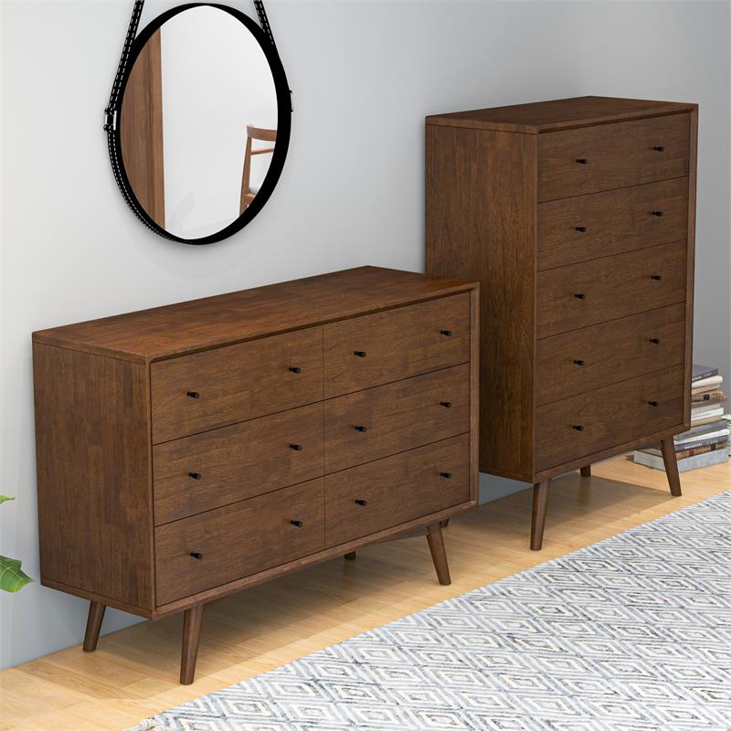 Pemberly Row Mid-Century Modern 6-Drawer Double-Dresser Solid Wood in Brown