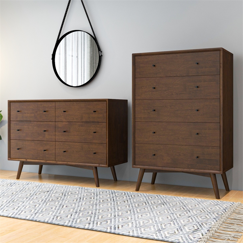 Pemberly Row Mid-Century Modern 6-Drawer Double-Dresser Solid Wood in Brown