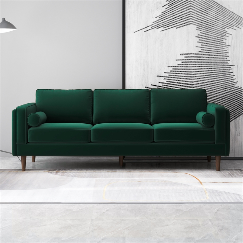 Pemberly Row Mid-Century Pillow Back Velvet Upholstered Sofa in Green