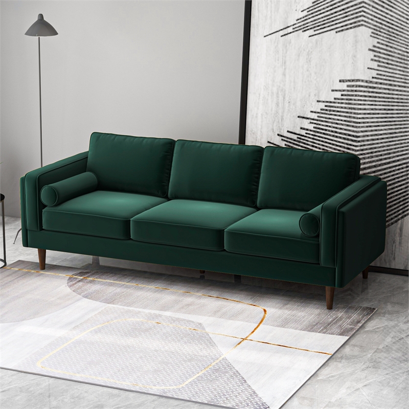 Pemberly Row Mid-Century Pillow Back Velvet Upholstered Sofa in Green
