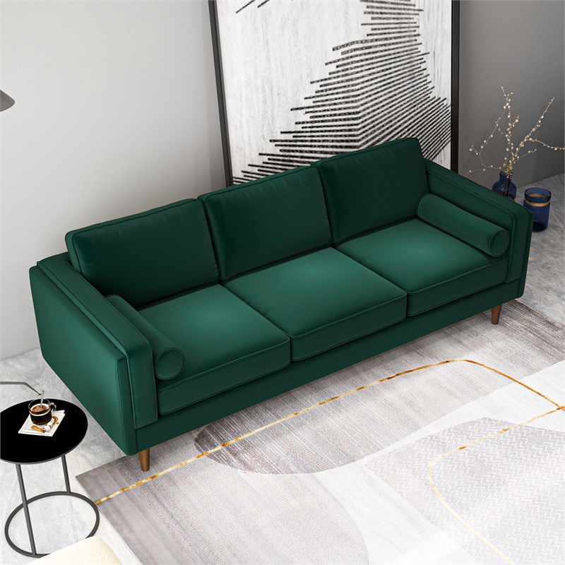 Pemberly Row Mid-Century Pillow Back Velvet Upholstered Sofa in Green