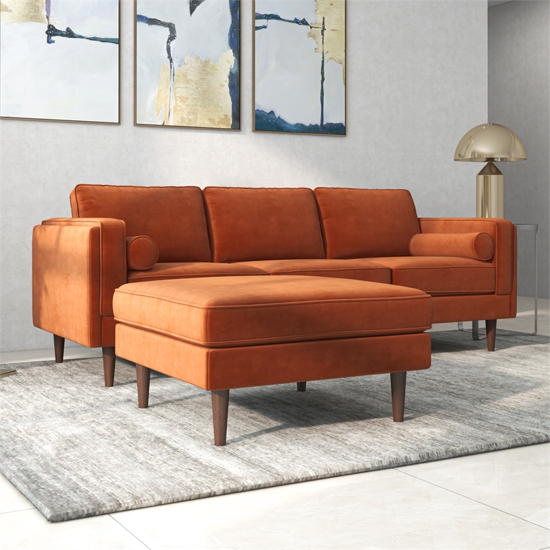 Pemberly Row Hudson Mid-Century Square Velvet Upholstered Ottoman in Orange