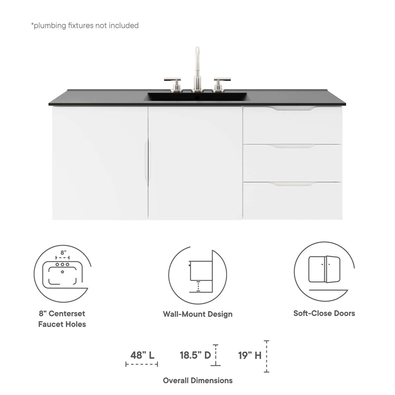 Pemberly Row Modern Wood Single Sink Bathroom Vanity in White/Black