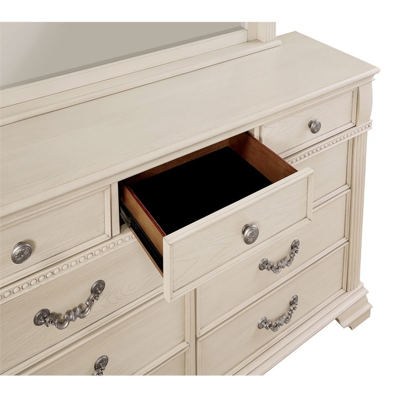 Pemberly Row 6pc White Wood Bedroom Set-King+2 Nightstands+Chest+Dresser+Mirror