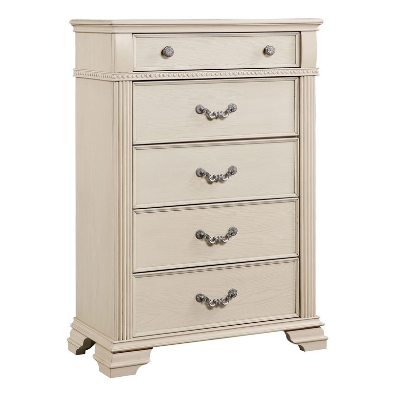 Pemberly Row 6pc White Wood Bedroom Set-King+2 Nightstands+Chest+Dresser+Mirror