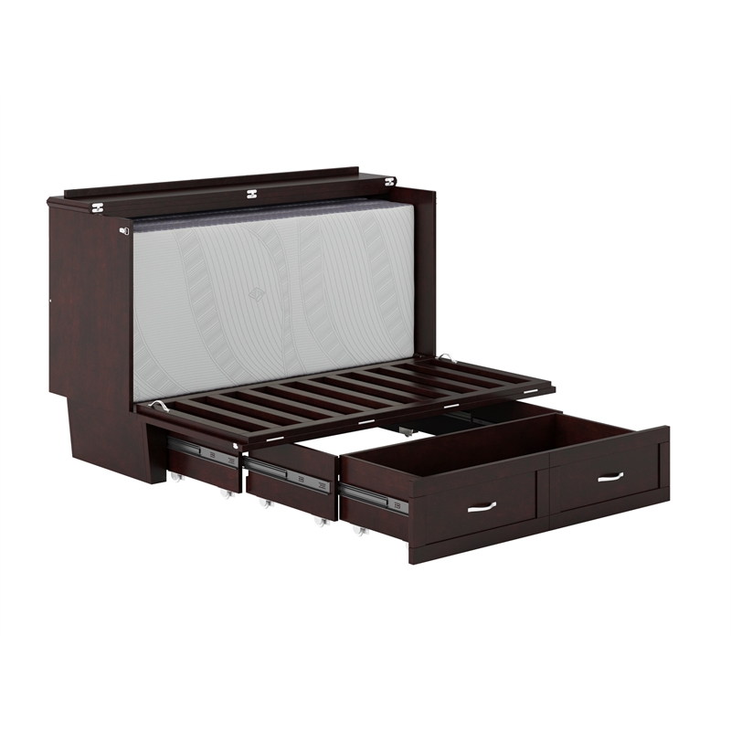 Pemberly Row Queen Solid Wood Murphy Bed Chest with Mattress in Espresso