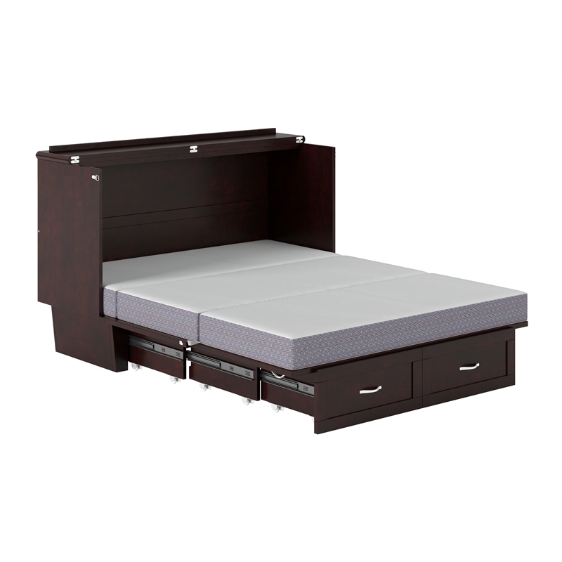 Pemberly Row Queen Solid Wood Murphy Bed Chest with Mattress in Espresso