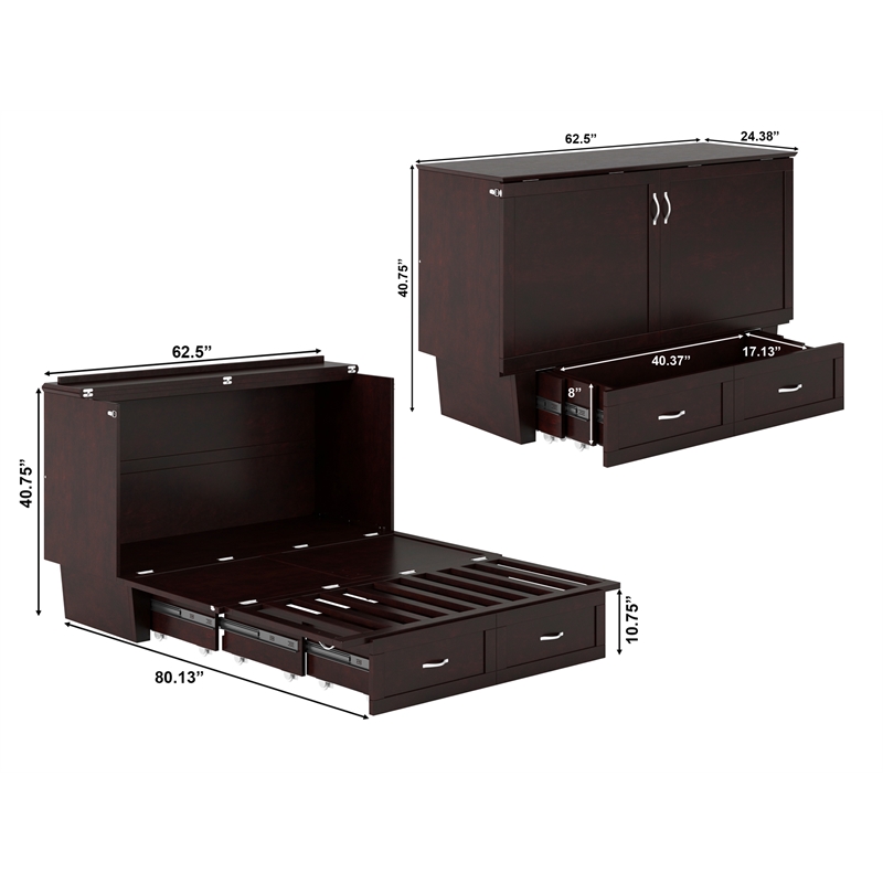 Pemberly Row Queen Solid Wood Murphy Bed Chest with Mattress in Espresso