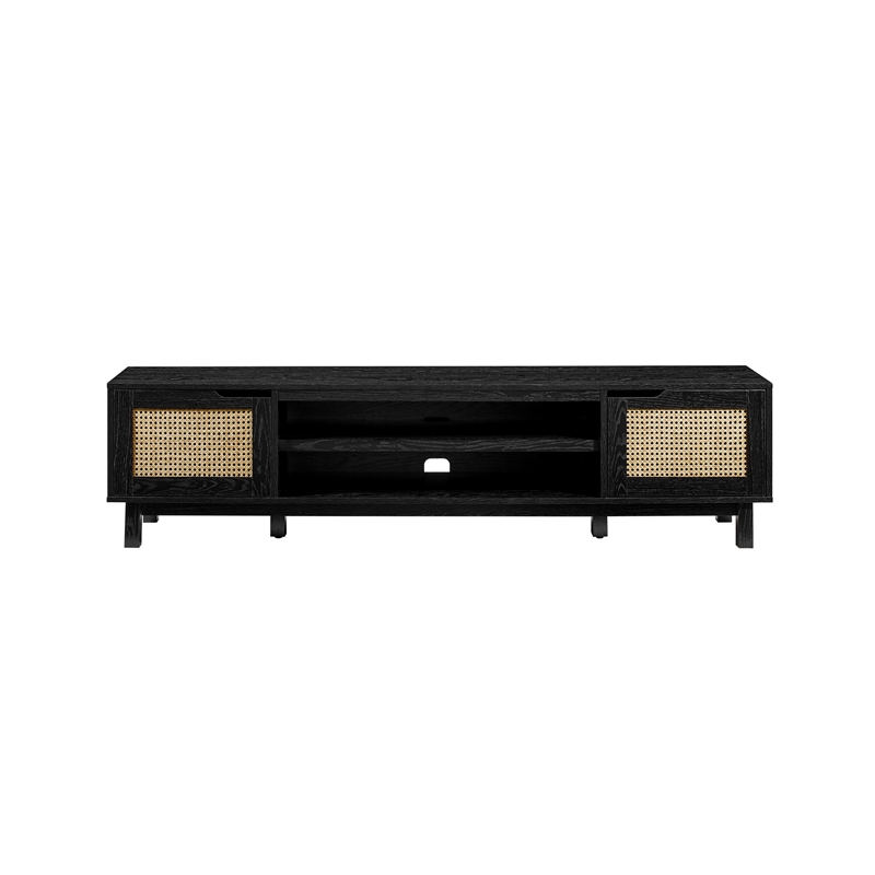 Pemberly Row Wood 2-Door w/ Rattan TV Stand for TVs up to 80 inches - Black