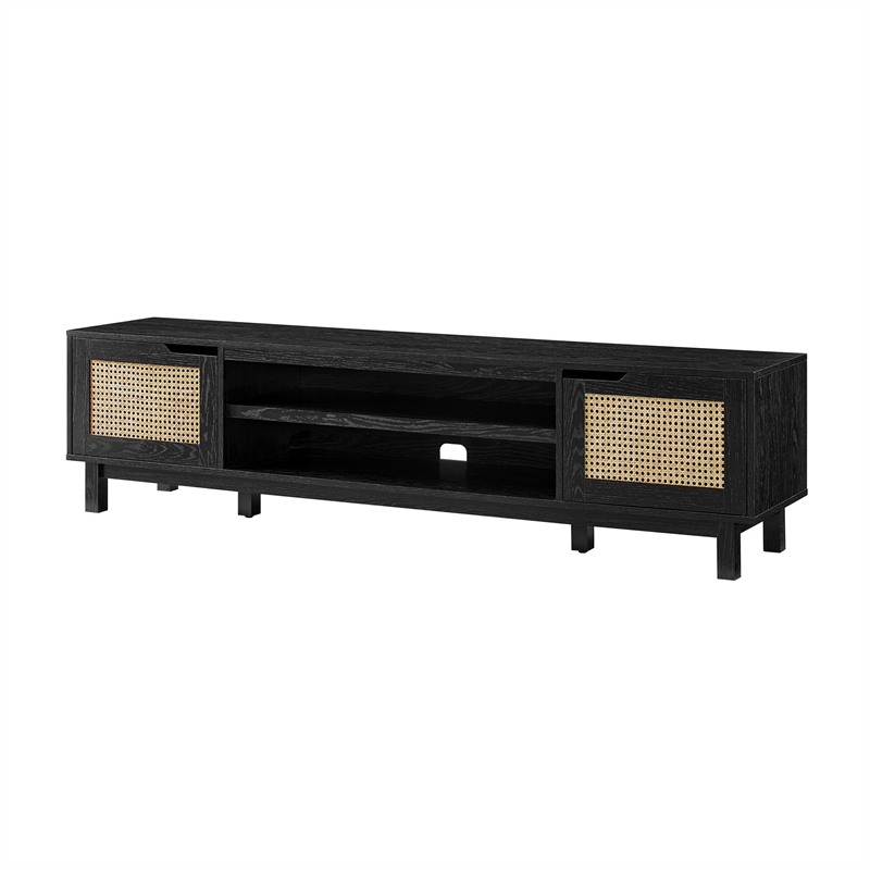 Pemberly Row Wood 2-Door w/ Rattan TV Stand for TVs up to 80 inches - Black