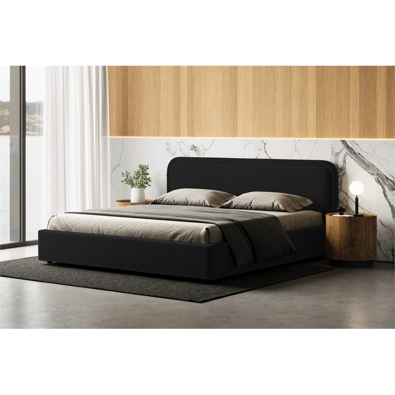 Pemberly Row Upholstered Platform King Bed in Black Boucle Fabric