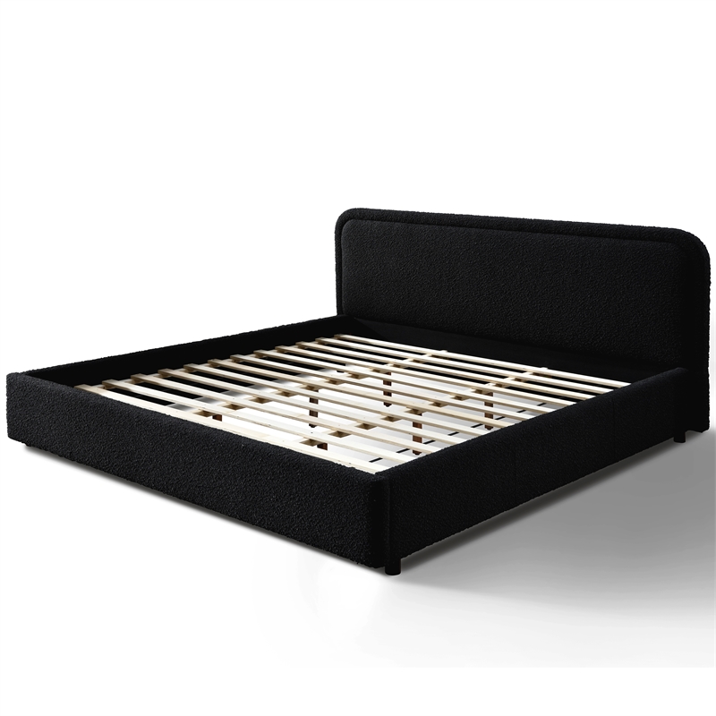 Pemberly Row Upholstered Platform King Bed in Black Boucle Fabric