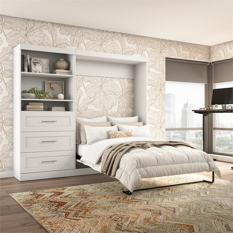 Pemberly Row Full Murphy Bed and Shelving Unit with Drawers (95W) in White