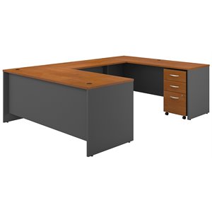 Pemberly Row Engineered Wood 72&quotW U-Shaped Desk w/ Mobile File - Natural Cherry