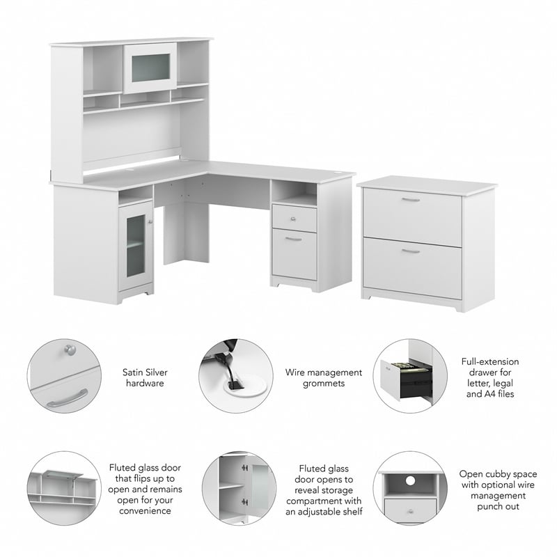 Pemberly Row Wood 60W L Desk w/ Hutch and Lateral File Cabinet - White