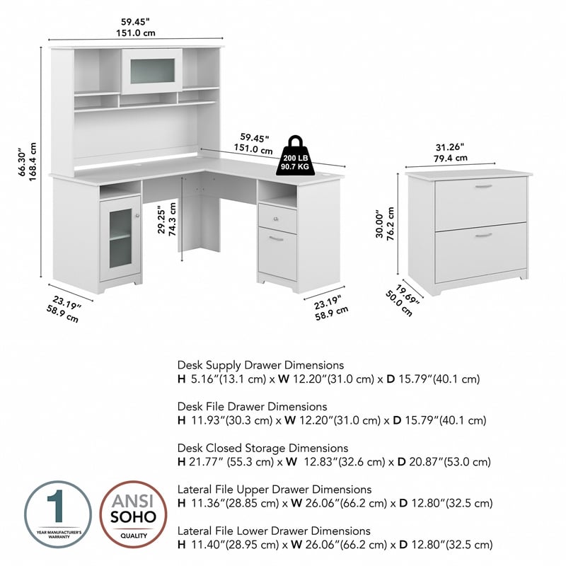 Pemberly Row Wood 60W L Desk w/ Hutch and Lateral File Cabinet - White
