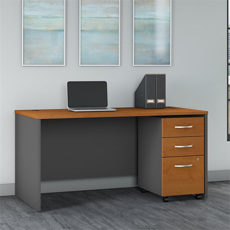Pemberly Row 60W Office Desk with Drawers in Natural Cherry - Engineered Wood