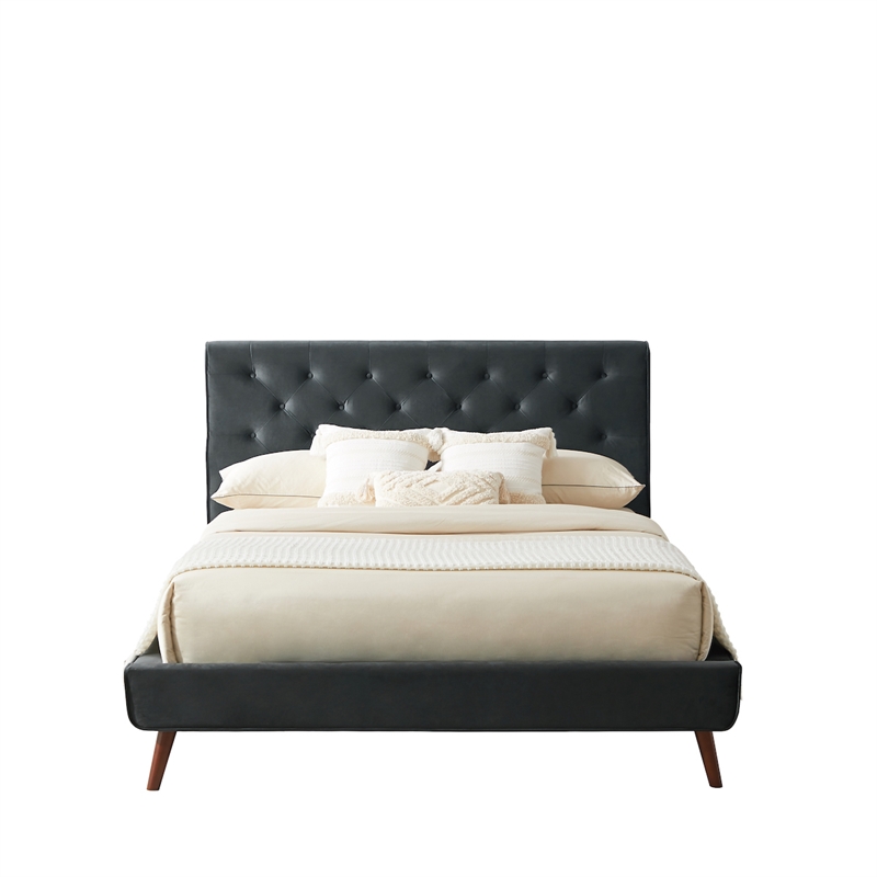 Pemberly Row Mid Century Modern Gray Velvet Upholstered Queen Platform Bed