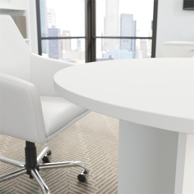 Pemberly Row 42W Round Conference Table with Wood Base - White - Engineered Wood