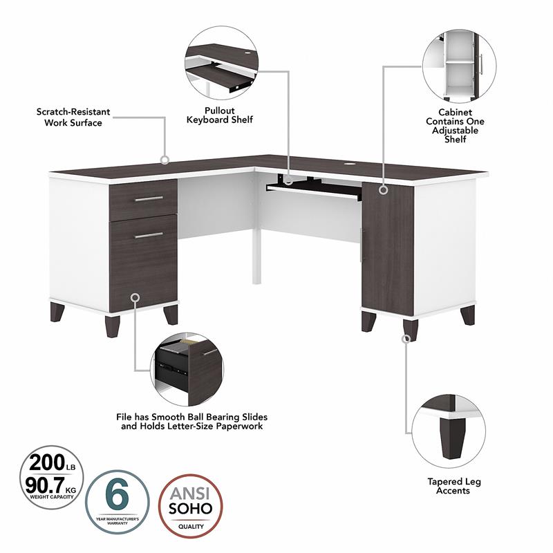 Pemberly Row Engineered Wood 60W L Shaped Desk with Storage - White & Storm Gray