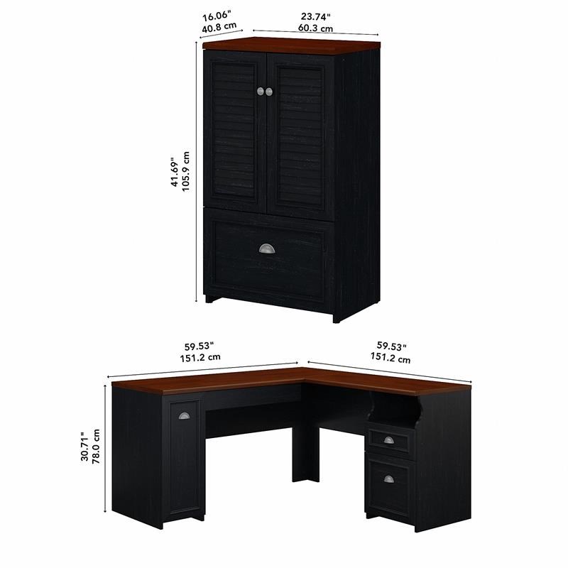 Pemberly Row Engineered Wood L Shaped Desk with Storage Cabinet - Antique Black