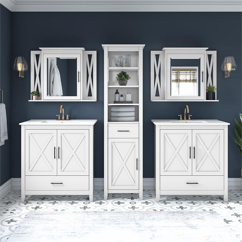 Pemberly Row Engineered Wood Double Vanity Set with Linen in White Ash
