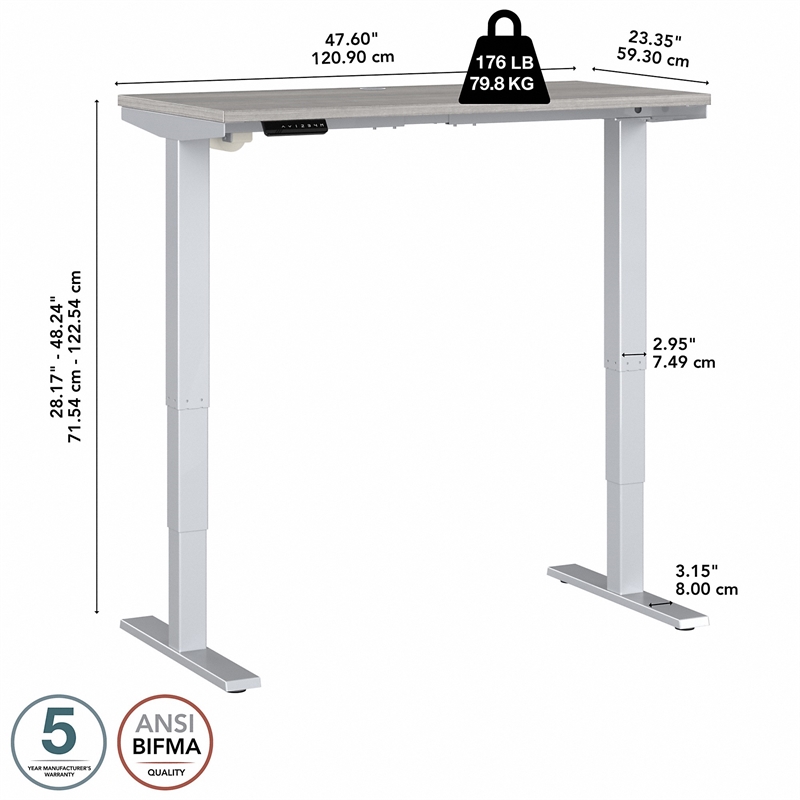 Pemberly Row 48W x 24D Adjustable Desk in Platinum Gray - Engineered Wood