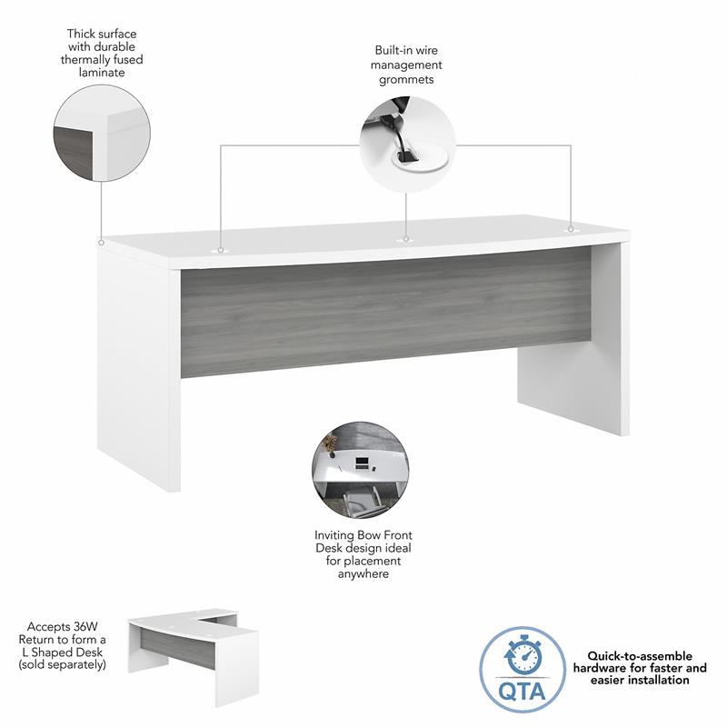 Pemberly Row 72W Bow Front Desk in Pure White and Modern Gray - Engineered Wood