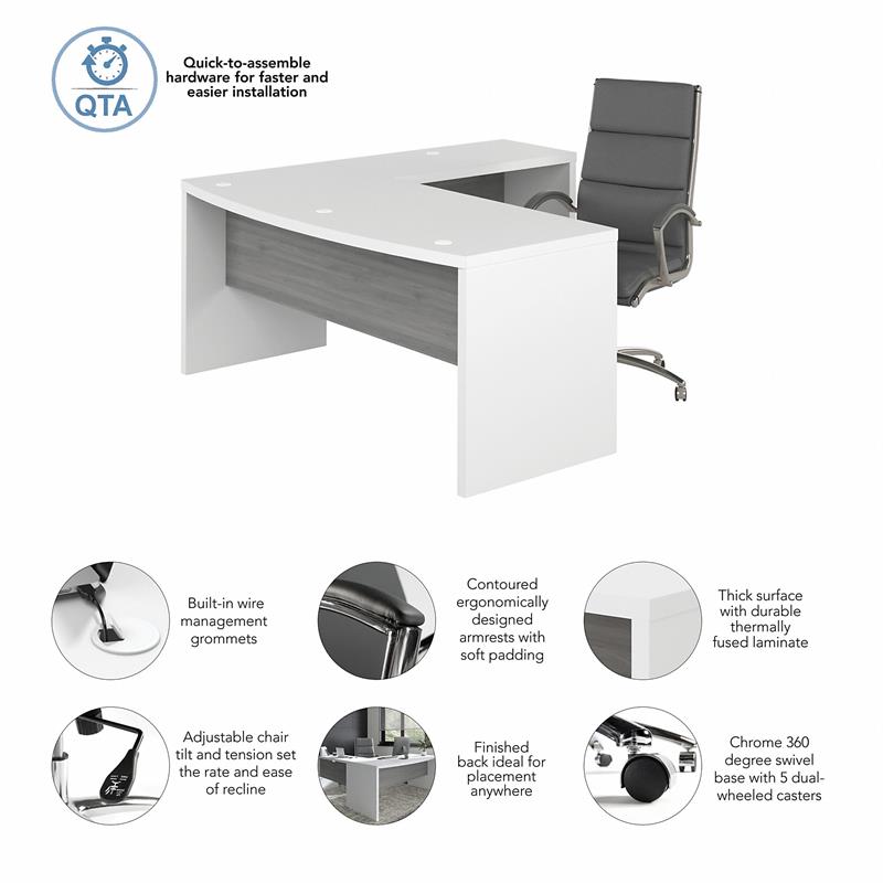 Pemberly Row Wood 72W Bow Front L Shaped Desk and Chair Set - White & Gray