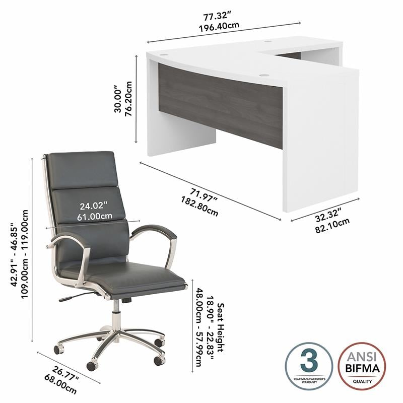 Pemberly Row Wood 72W Bow Front L Shaped Desk and Chair Set - White & Gray