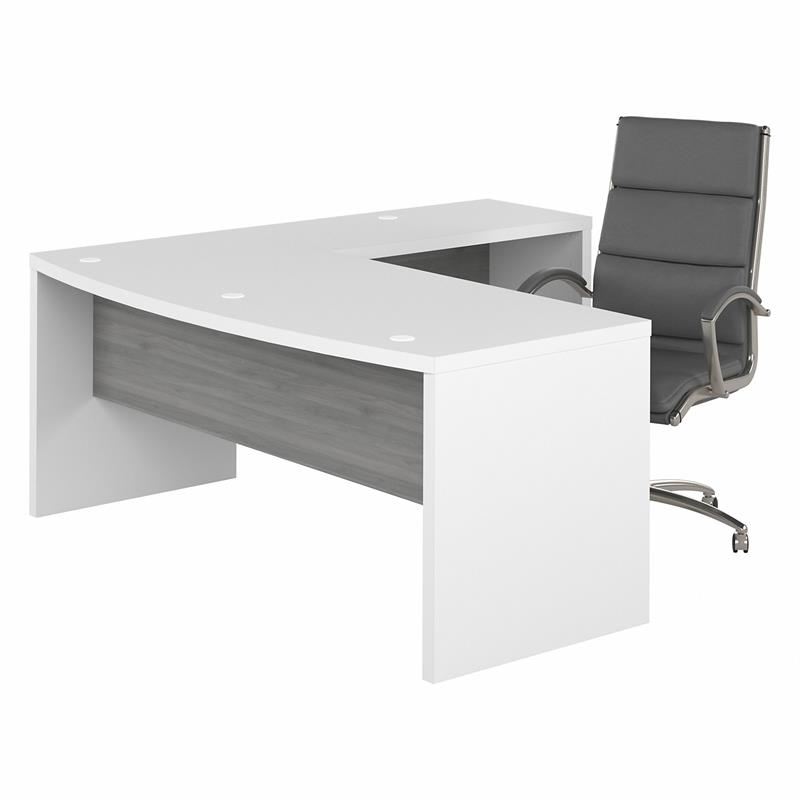 Pemberly Row Wood 72W Bow Front L Shaped Desk and Chair Set - White & Gray
