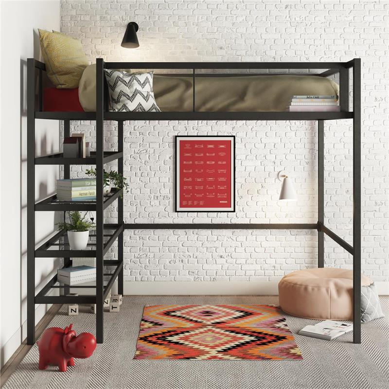 Pemberly Row Modern Storage Loft bed with Bookcase in Black Metal
