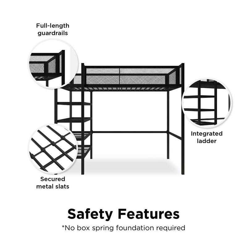 Pemberly Row Modern Storage Loft bed with Bookcase in Black Metal