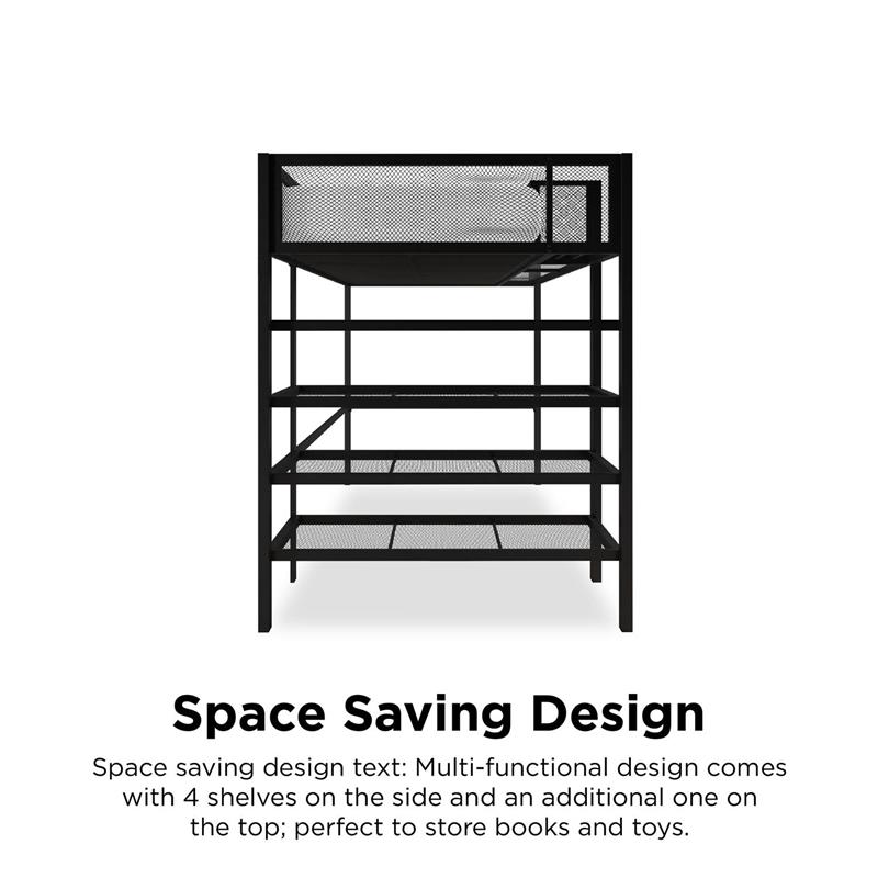 Pemberly Row Modern Storage Loft bed with Bookcase in Black Metal