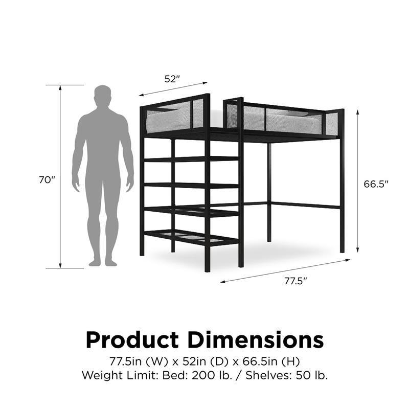 Pemberly Row Modern Storage Loft bed with Bookcase in Black Metal