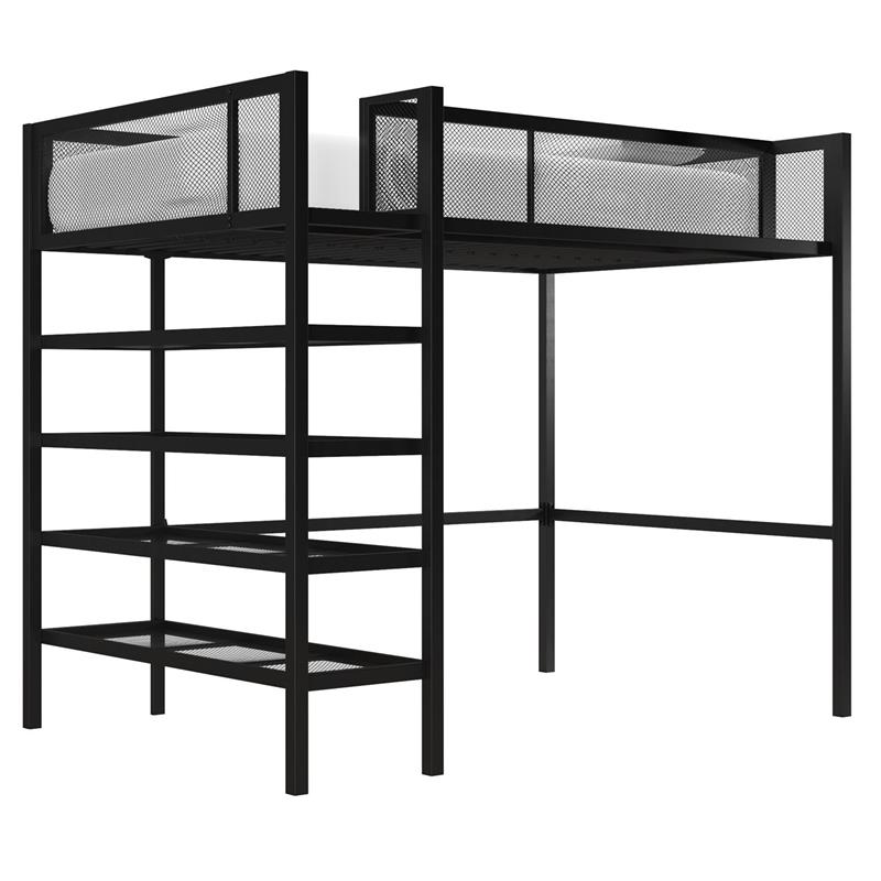 Pemberly Row Modern Storage Loft bed with Bookcase in Black Metal