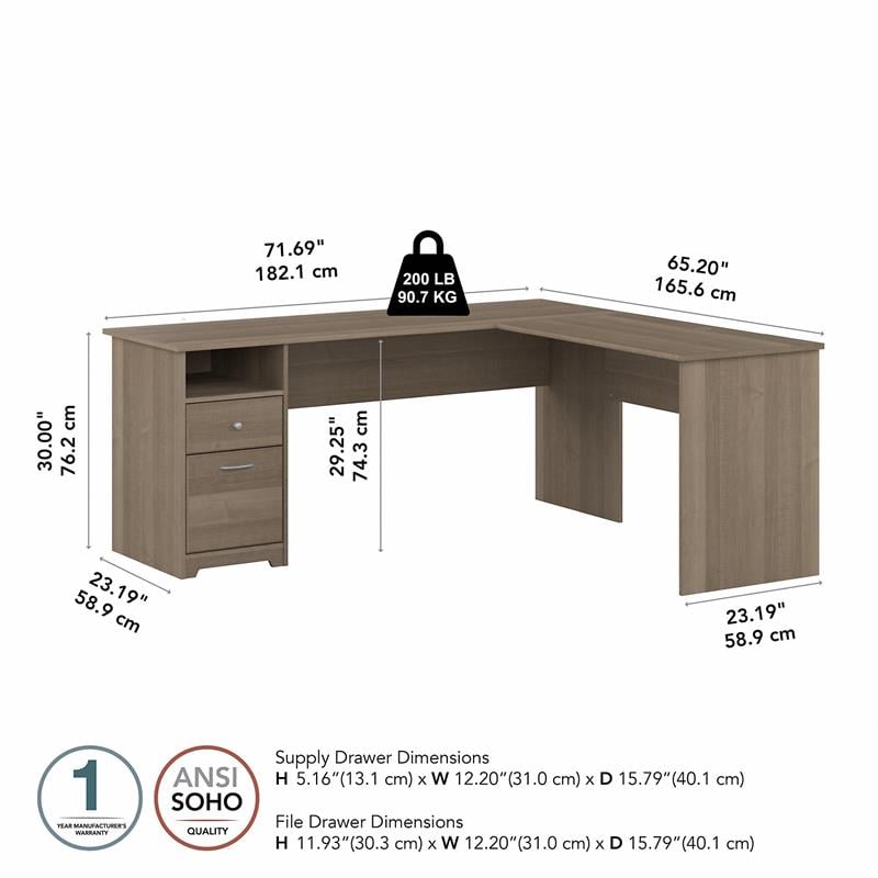 Pemberly Row 72W L Shaped Computer Desk with File in Ash Gray - Engineered Wood