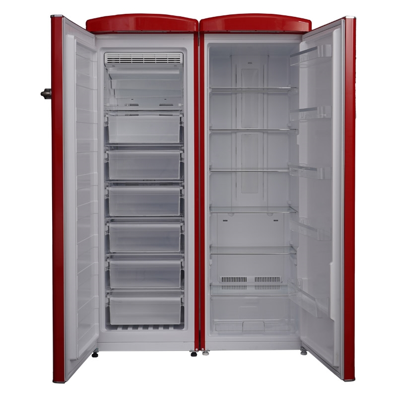 Pemberly Row Contemporary Retro Refrigerator-Freezer Set in Red