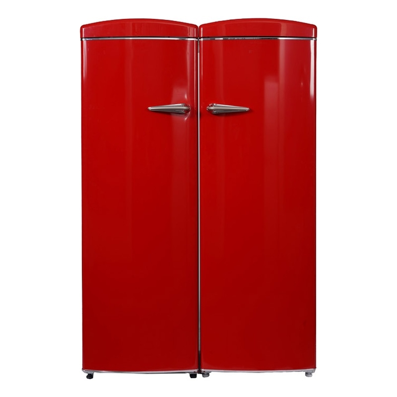 Pemberly Row Contemporary Retro Refrigerator-Freezer Set in Red