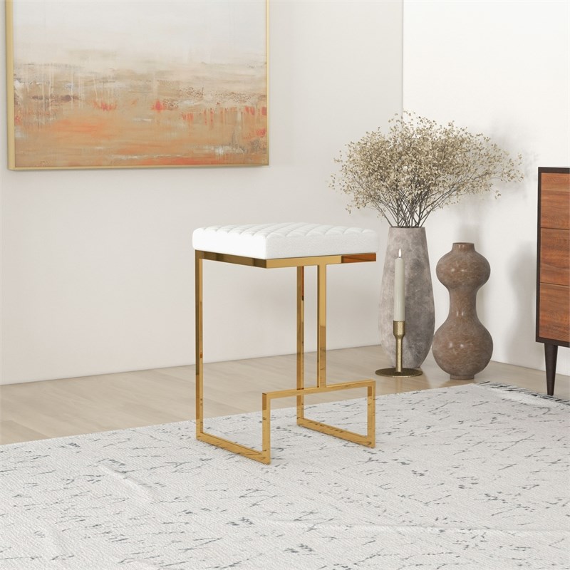 Pemberly Row White Boucle Fabric Tufted Kitchen Gold Metal Counter Stool