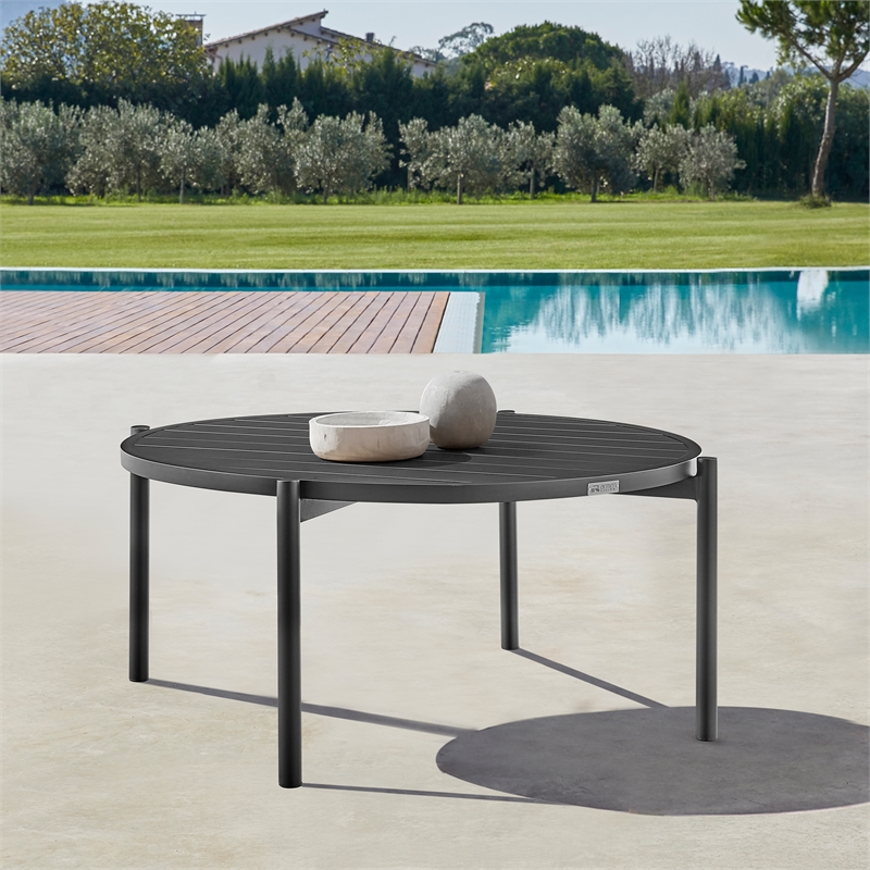 Pemberly Row Round Contemporary Aluminum Outdoor Patio Coffee Table in Black