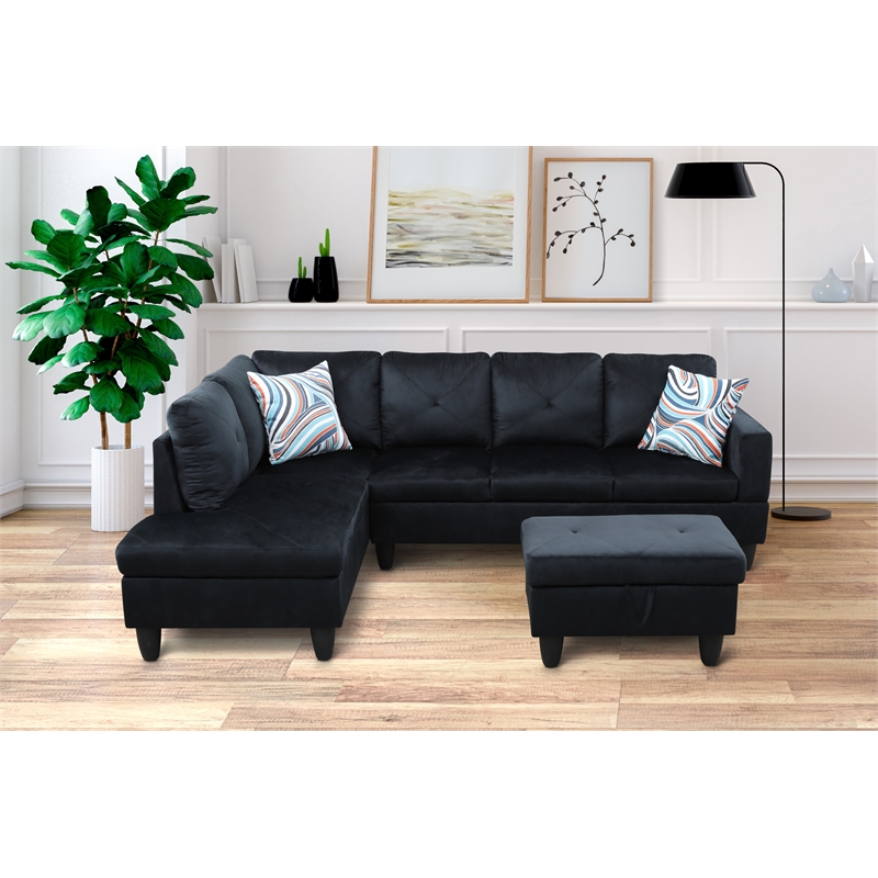 Pemberly Row L Shaped Black Couch with Ottoman(Pillows Included) Microfiber