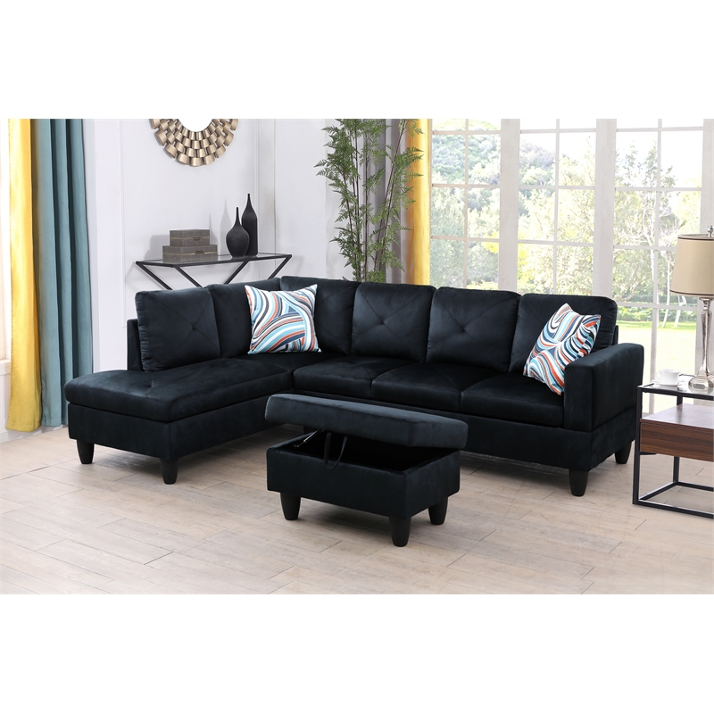 Pemberly Row L Shaped Black Couch with Ottoman(Pillows Included) Microfiber