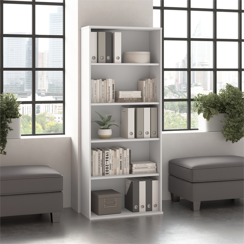 Pemberly Row Tall 5 Shelf Bookcase in White - Engineered Wood
